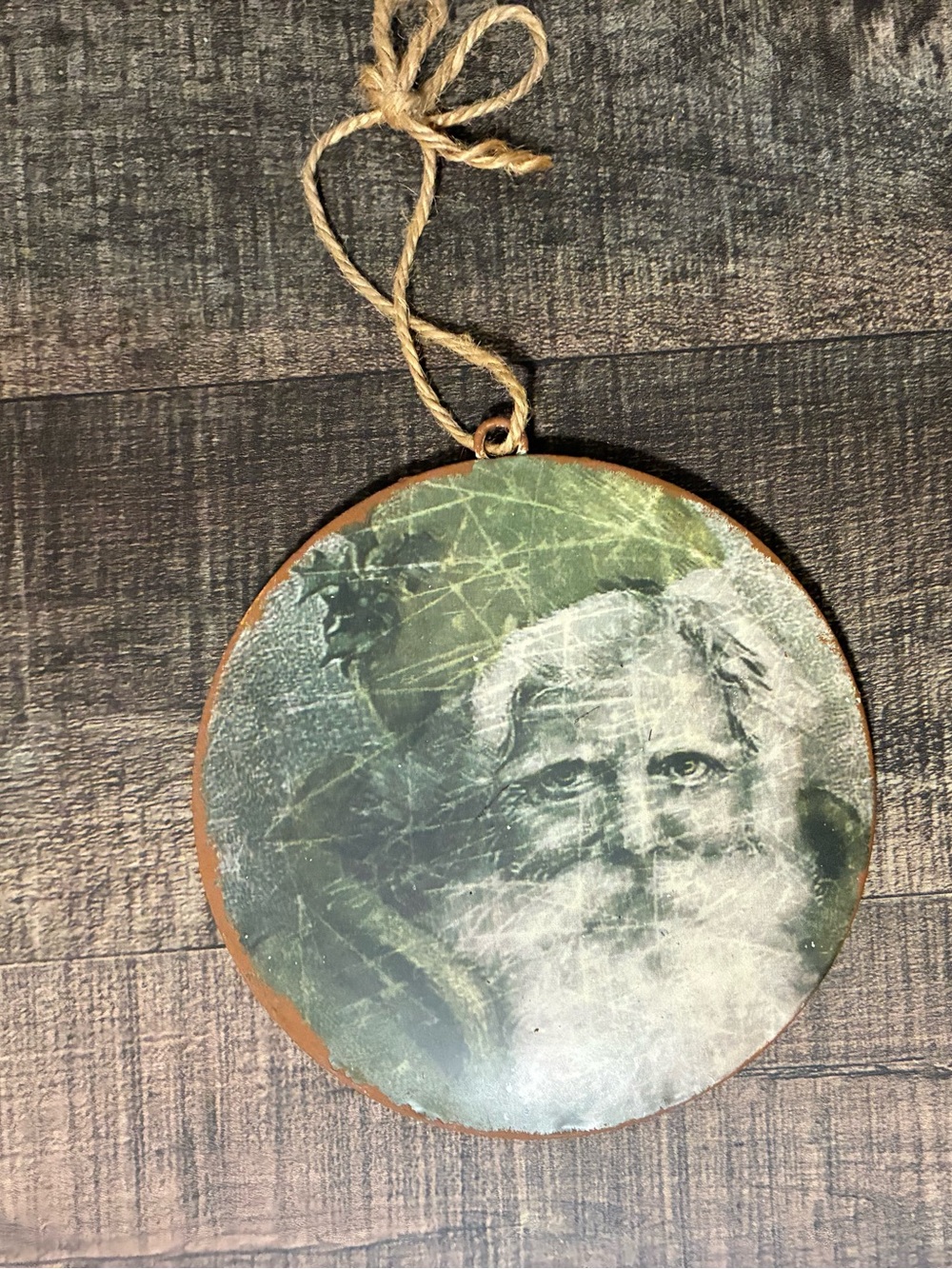 Rustic Santa Portrait Metal Christmas Ornament 5” Round Twine Hanger